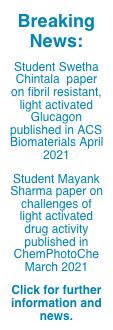 Breaking News:
Student Swetha Chintala  paper on fibril resistant, light activated Glucagon  published in ACS Biomaterials April 2021
Student Mayank Sharma paper on   challenges of light activated drug activity published in ChemPhotoChe March 2021
Click for further information and news.